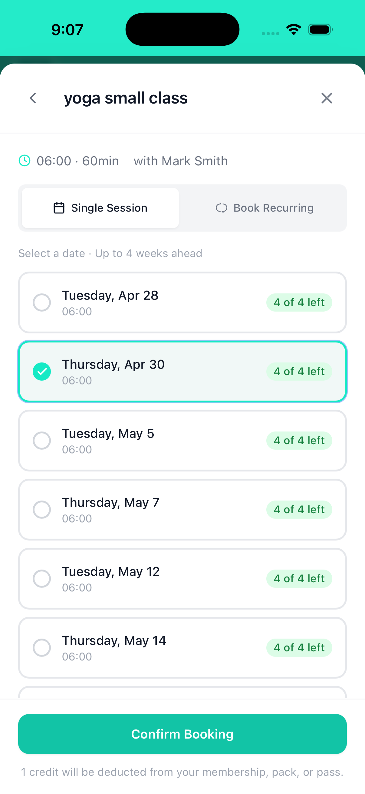Client choosing a class date and time on the booking screen